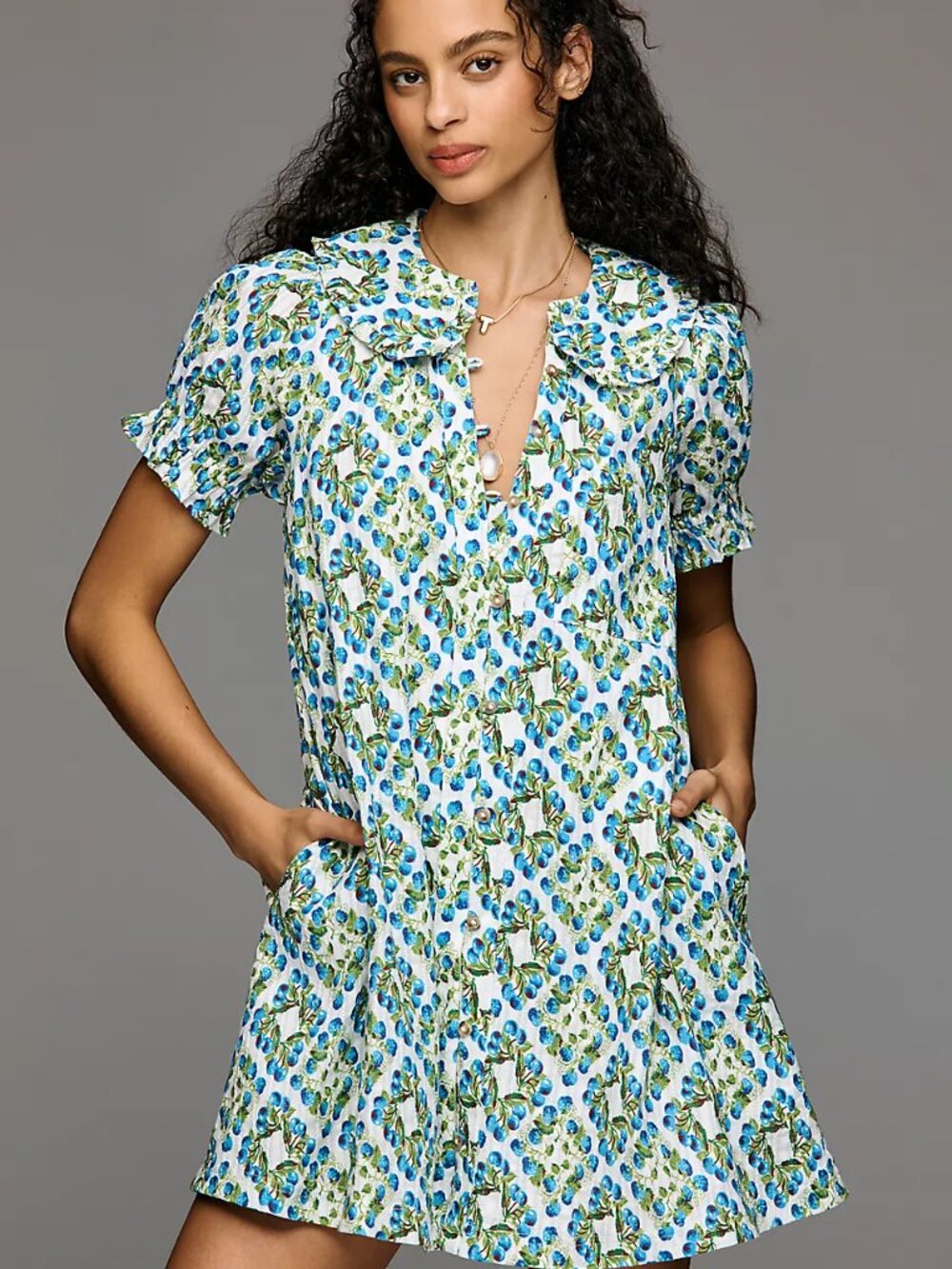 Anthropolgie Pilcro Keira Mini Dress Ivory Blueberry Floral Short Sleeve Small
